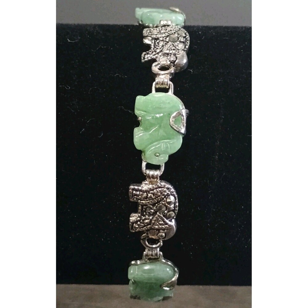 DBJ Carved Jade Elephant Marcasite Sterling Silver Vintage Bracelet